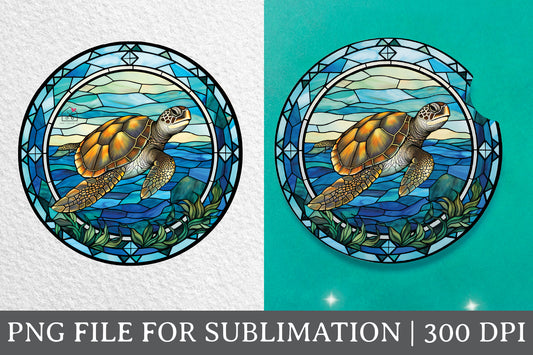 Sea Turtle Stained Glass Sublimation Coaster Design PNG