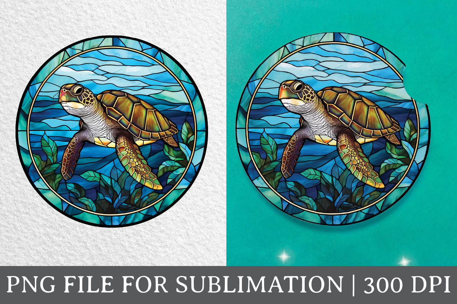 Sea Turtle Stained Glass Sublimation Coaster Design PNG