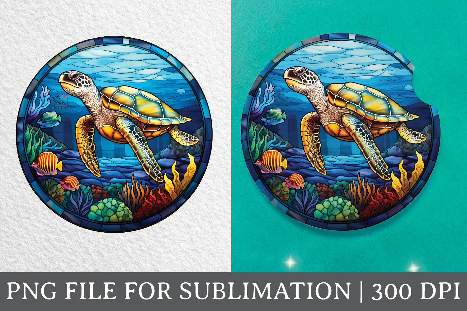 Sea Turtle Stained Glass Sublimation Coaster Design PNG