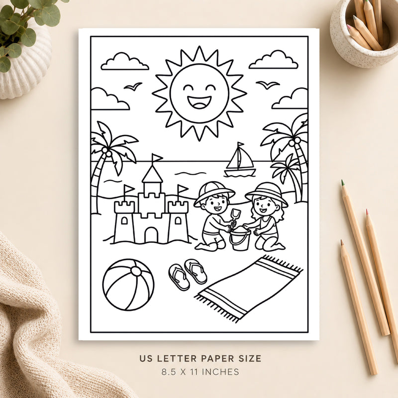 Summer Beach Day Coloring Page 1
