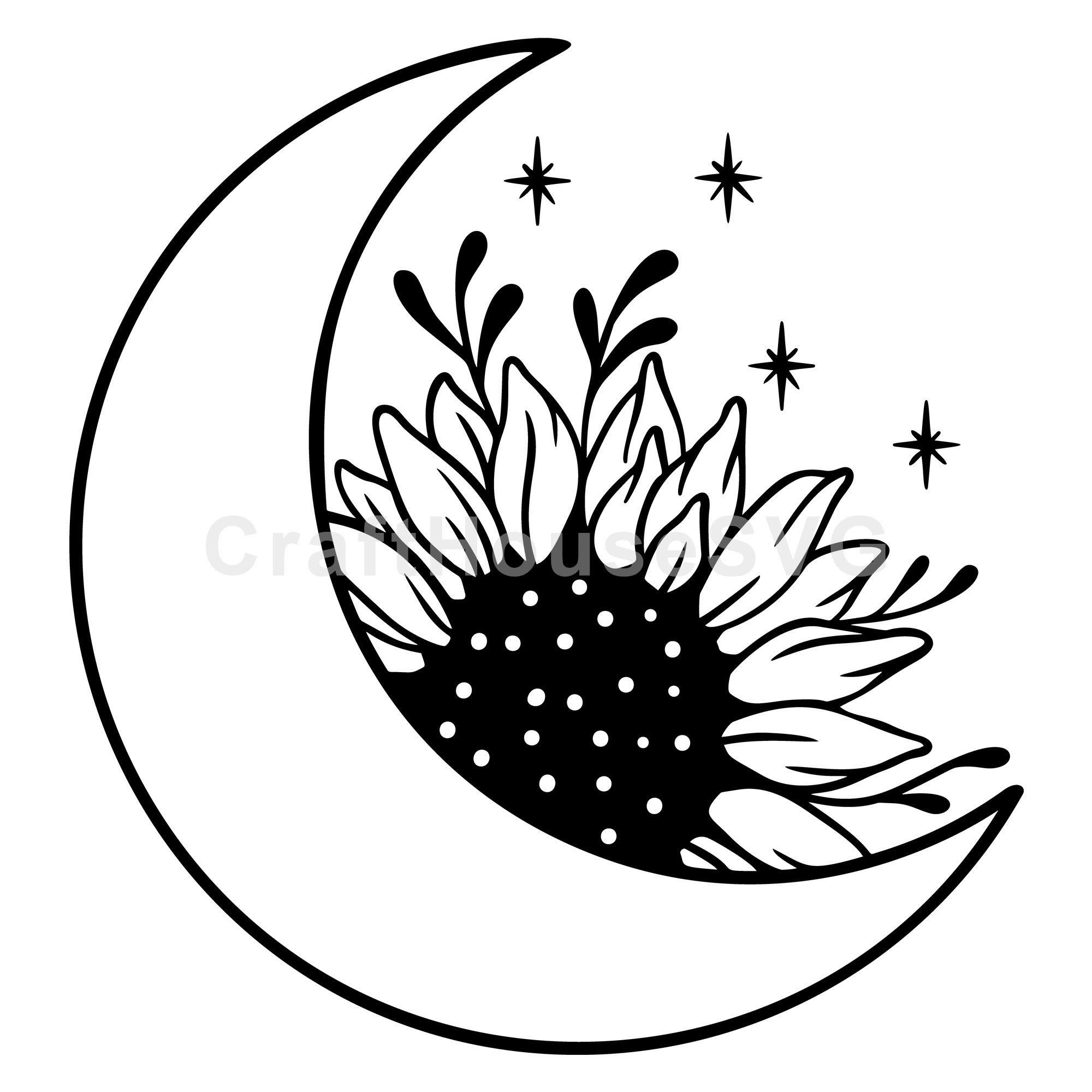 Sunflower in Crescent Moon Silhouette SVG