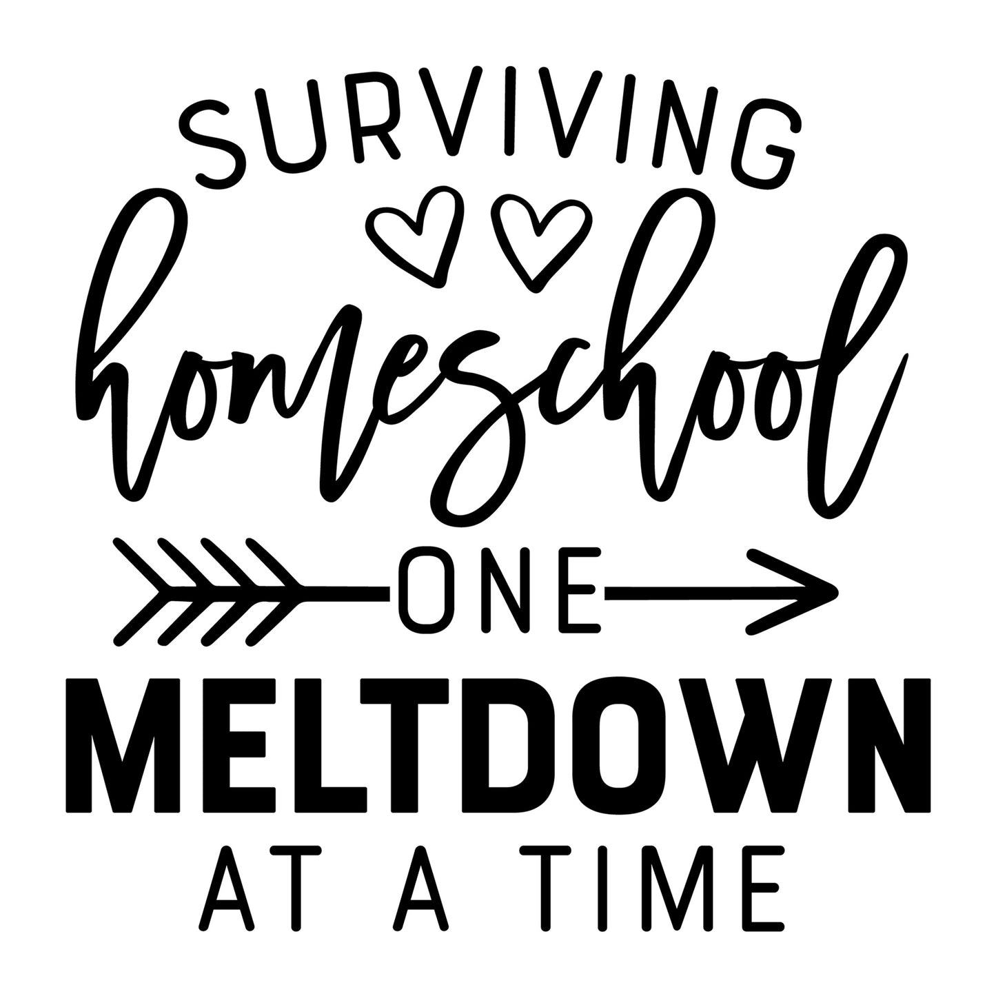 Surviving Homeschool One Meltdown at a Time SVG design for Cricut, Silhouette, laser cutting, vinyl, sublimation, shirts, decals, mugs, and DIY craft projects.