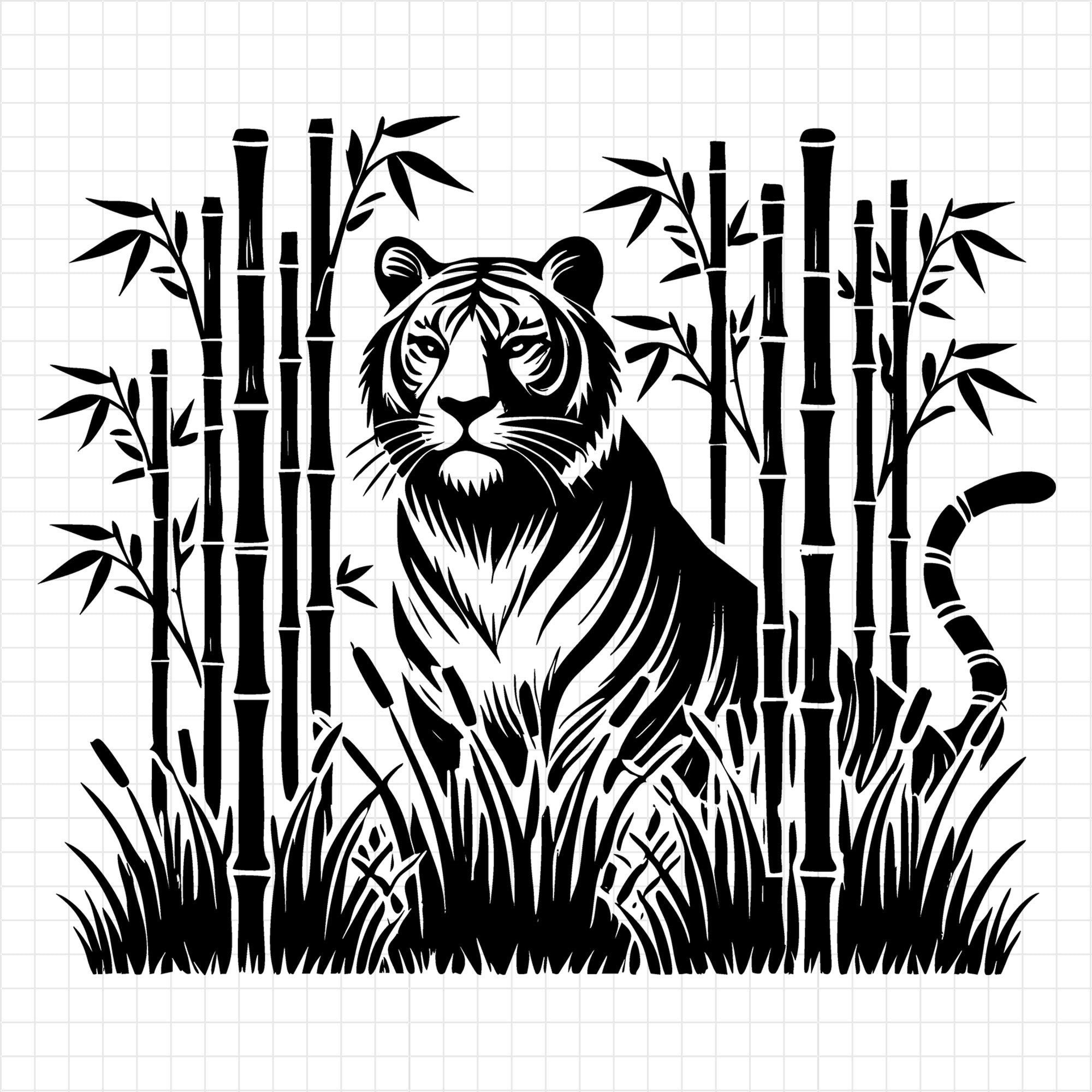 Tiger Among Bamboo in Grass Silhouette SVG