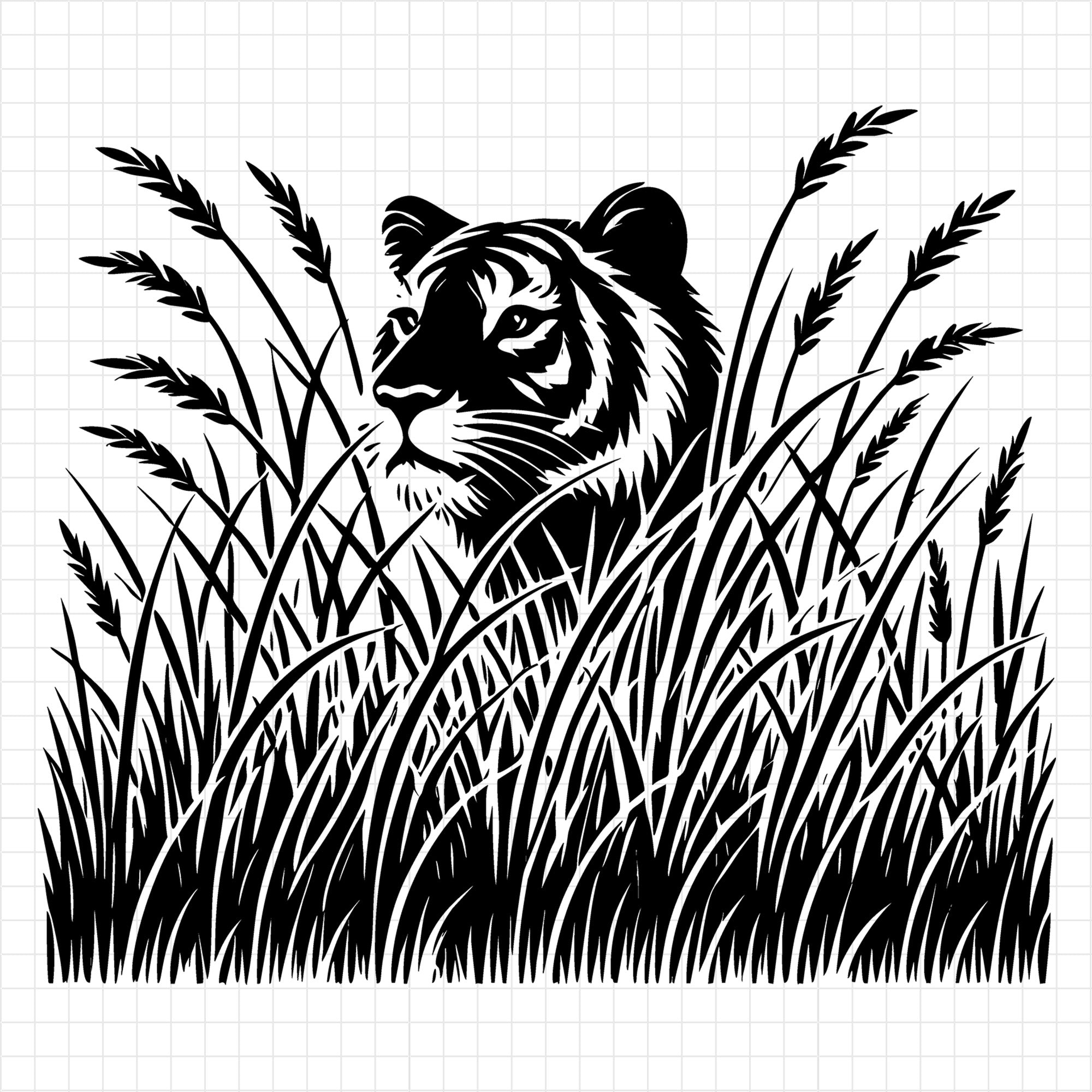 Tiger Peeking Through Grass Silhouette SVG