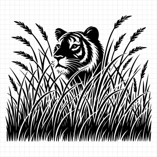 Tiger Peeking Through Grass Silhouette SVG