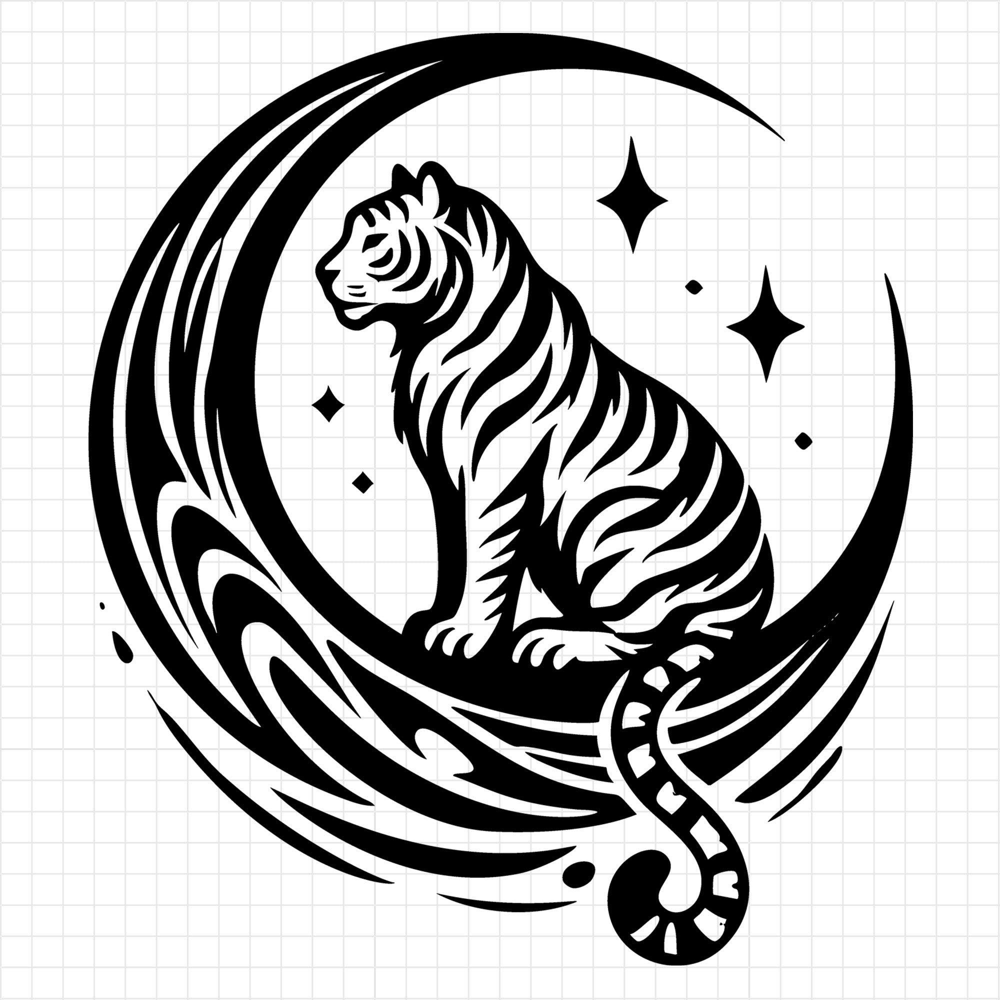 Tiger Sitting Below Crescent Moon Silhouette SVG