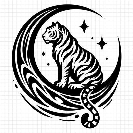 Tiger Sitting Below Crescent Moon Silhouette SVG