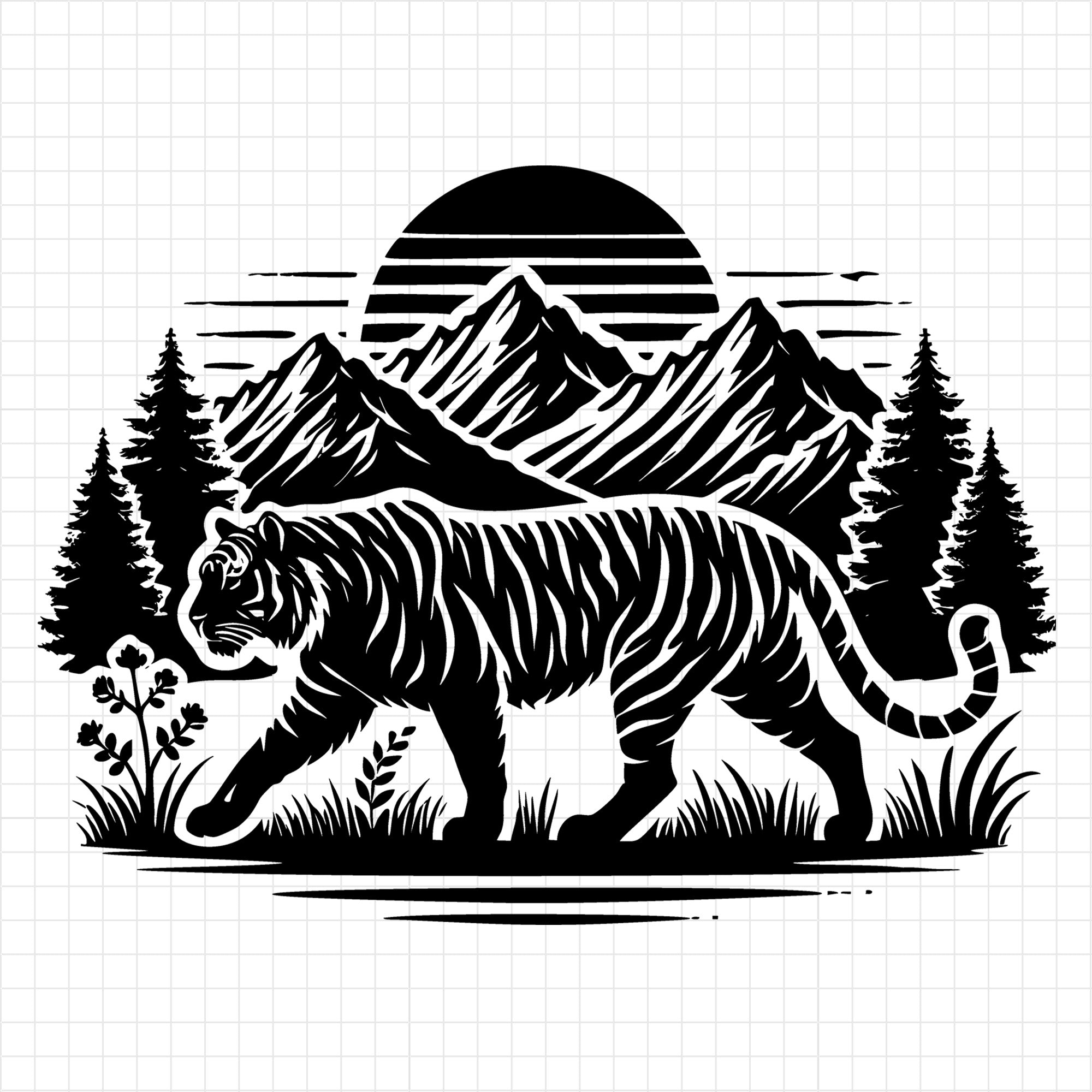 Tiger Walking in Mountain Forest Silhouette SVG