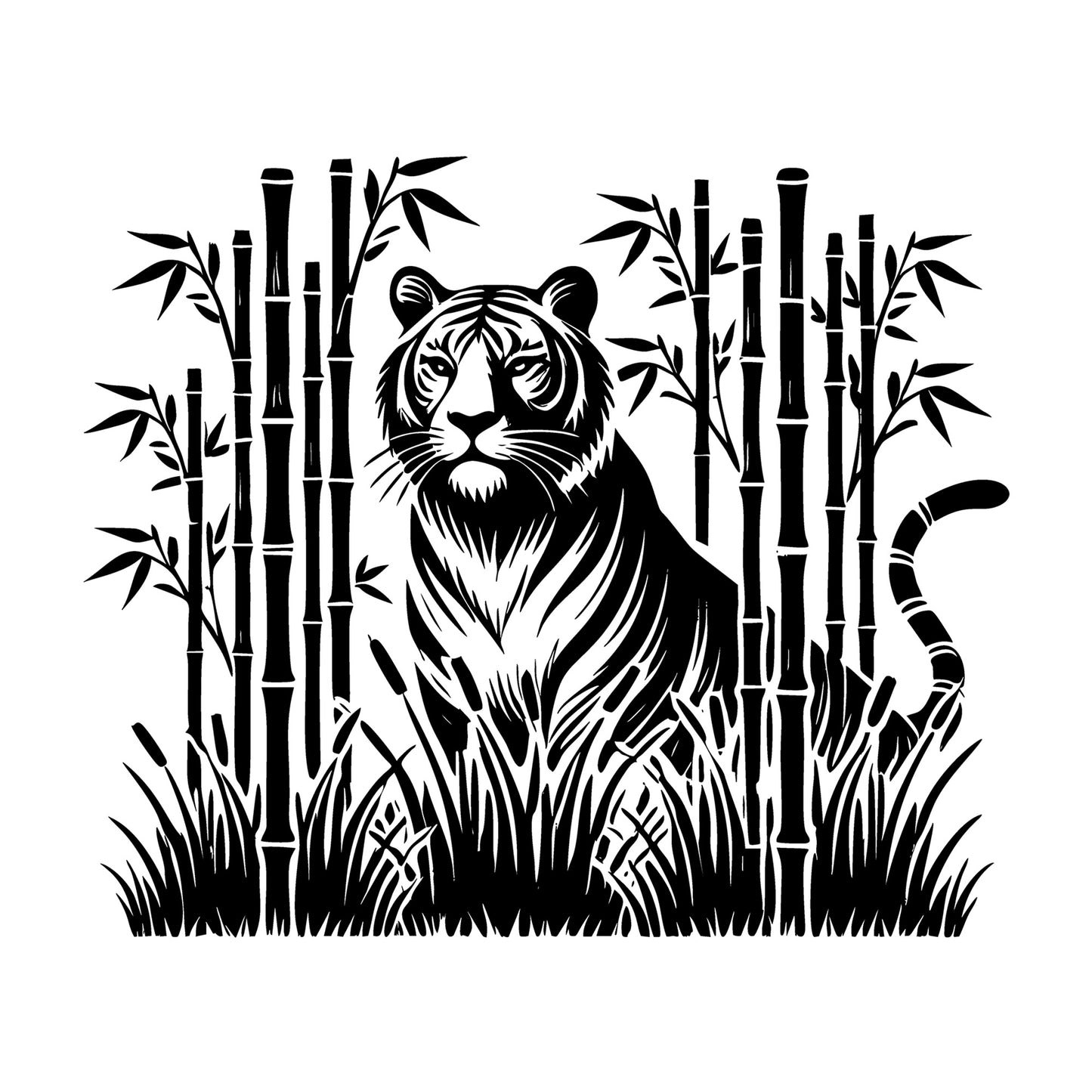 Tiger Among Bamboo in Grass Silhouette SVG design for Cricut, Silhouette, laser cutting, vinyl, sublimation, and craft projects.