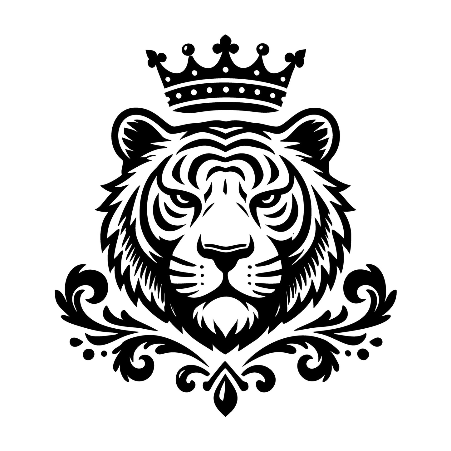 Tiger Face with Crown and Decorative Motif SVG design for Cricut, Silhouette, laser cutting, vinyl, sublimation, and craft projects.