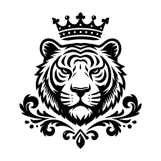 Tiger Face with Crown and Decorative Motif SVG design for Cricut, Silhouette, laser cutting, vinyl, sublimation, and craft projects.