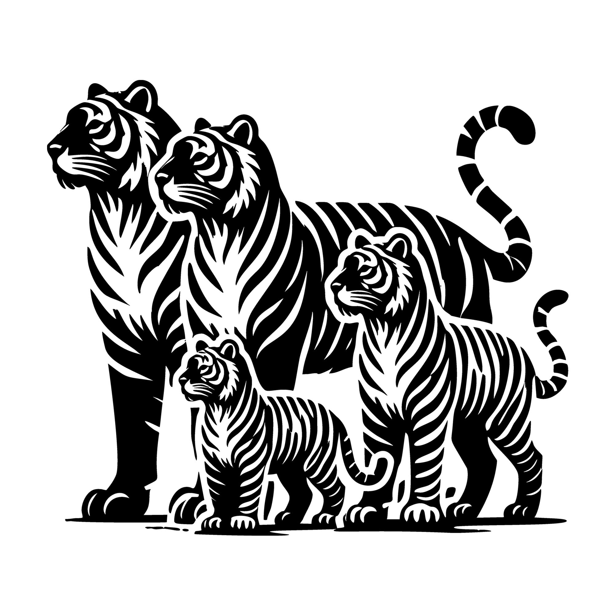 Tiger Family Silhouette Scene SVG design for Cricut, Silhouette, laser cutting, vinyl, sublimation, and craft projects.
