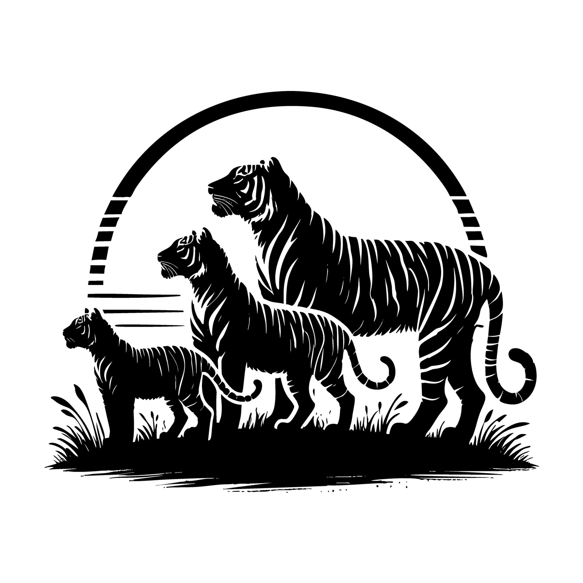 Tiger Family Silhouette on a white background SVG design for Cricut, Silhouette, laser cutting, vinyl, sublimation, and craft projects.