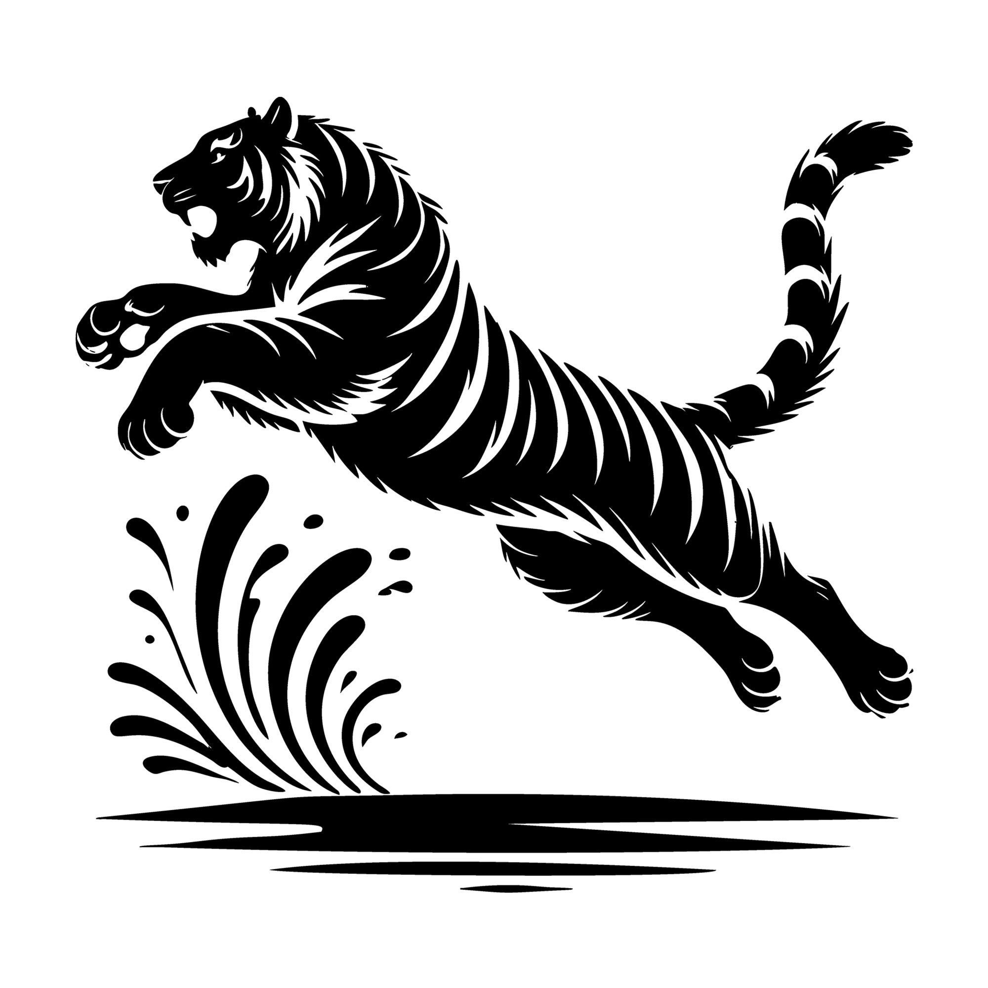 Tiger Leaping Over Water Splash in Silhouette SVG design for Cricut, Silhouette, laser cutting, vinyl, sublimation, and craft projects.
