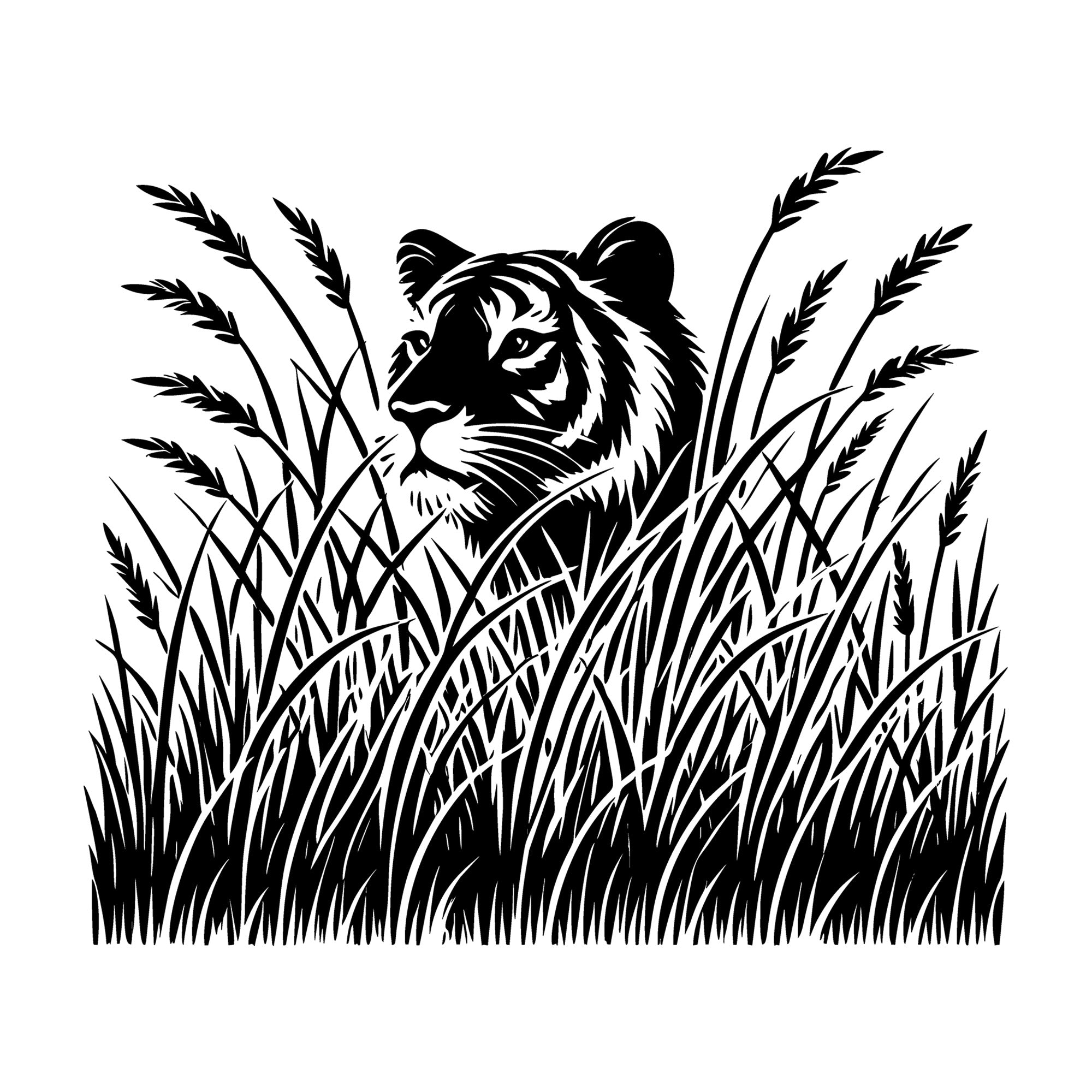 Tiger Peeking Through Grass Silhouette SVG design for Cricut, Silhouette, laser cutting, vinyl, sublimation, and craft projects.