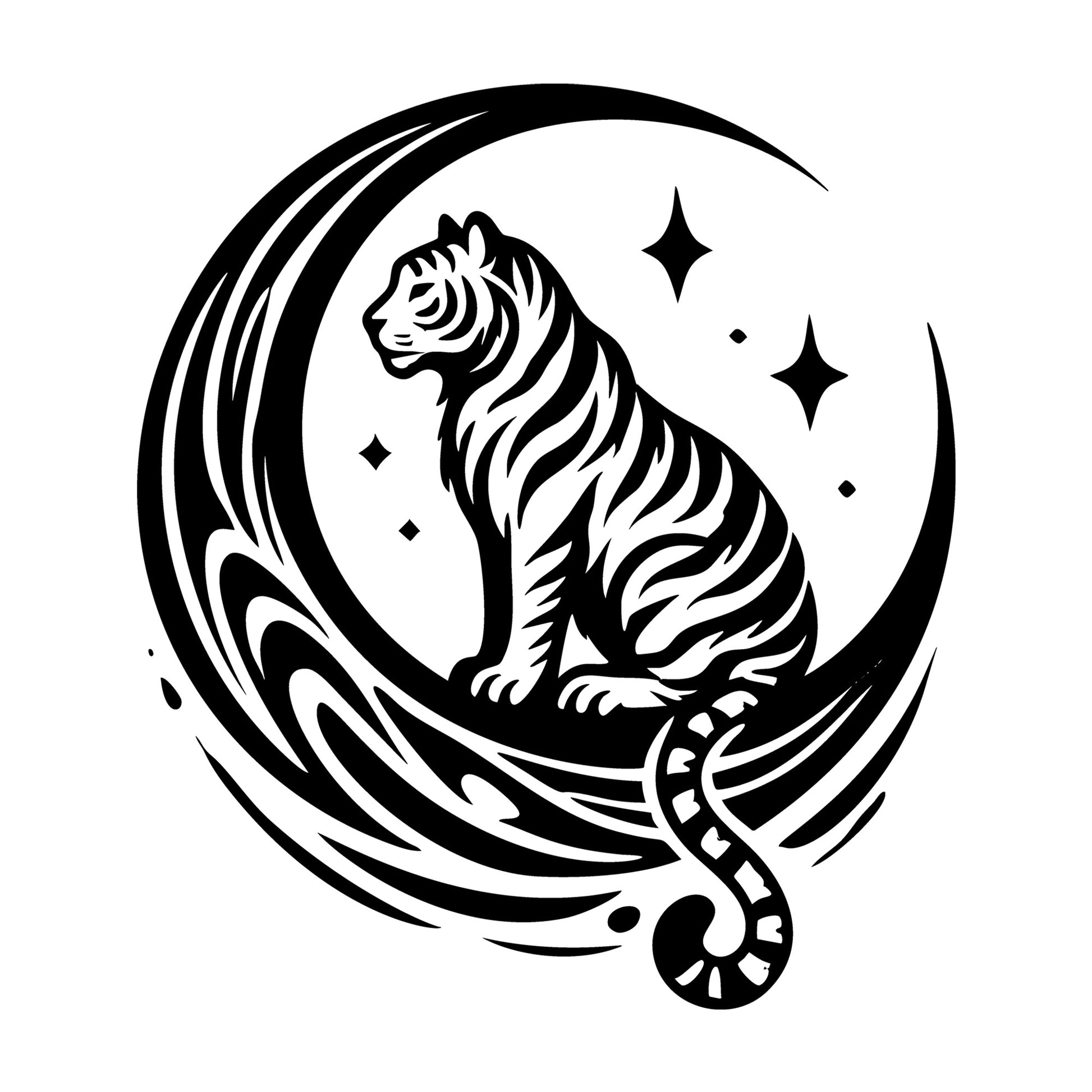 Tiger Sitting Below Crescent Moon Silhouette SVG design for Cricut, Silhouette, laser cutting, vinyl, sublimation, and craft projects.