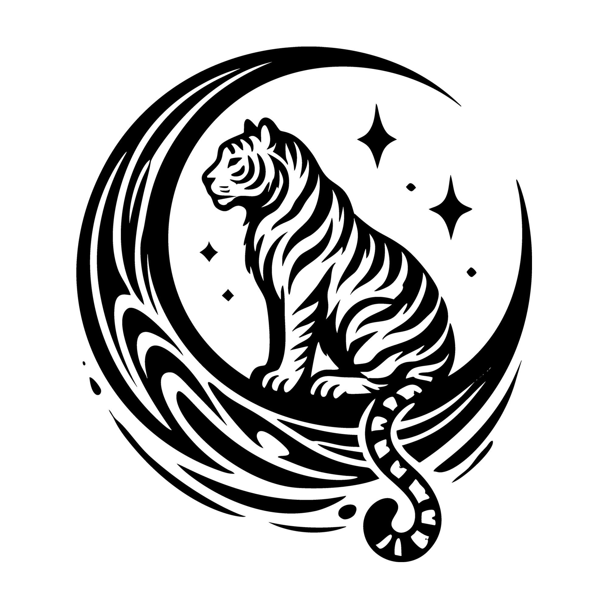Tiger Sitting Below Crescent Moon Silhouette SVG design for Cricut, Silhouette, laser cutting, vinyl, sublimation, and craft projects.