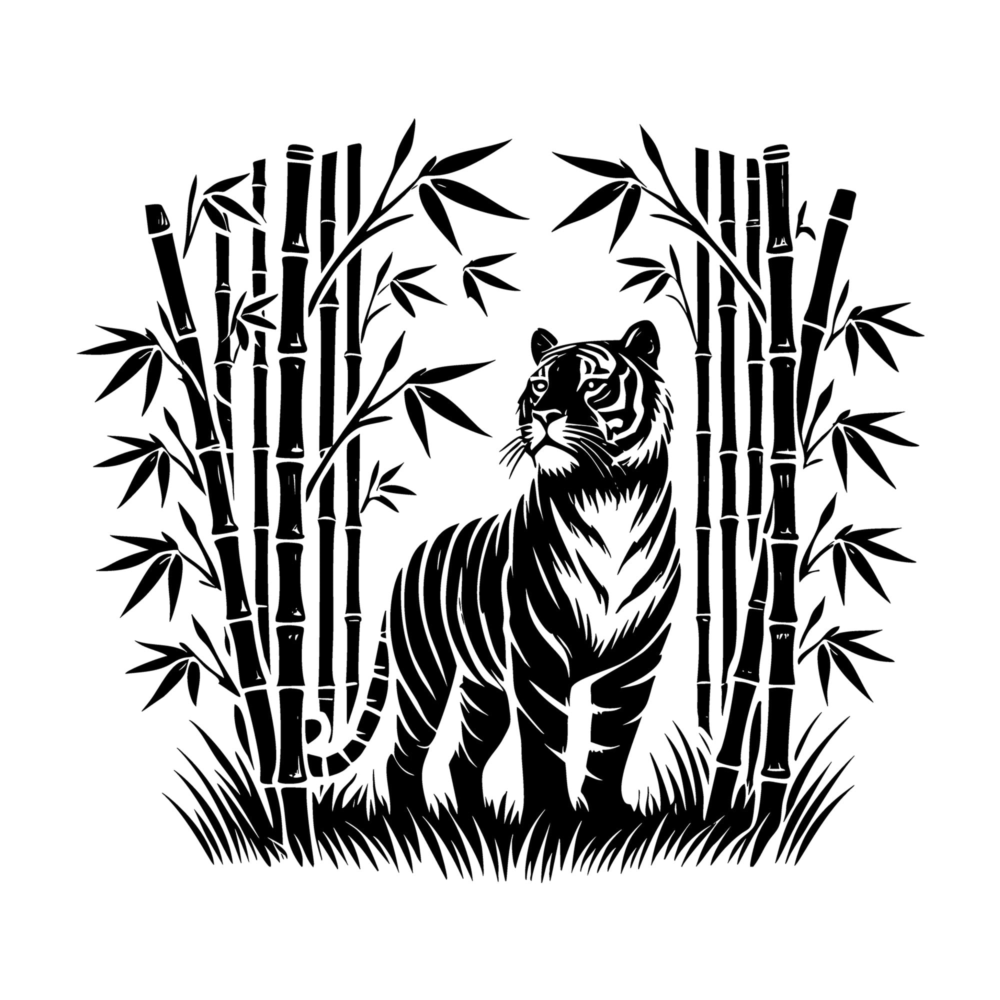Tiger Standing in Bamboo Silhouette SVG design for Cricut, Silhouette, laser cutting, vinyl, sublimation, and craft projects.