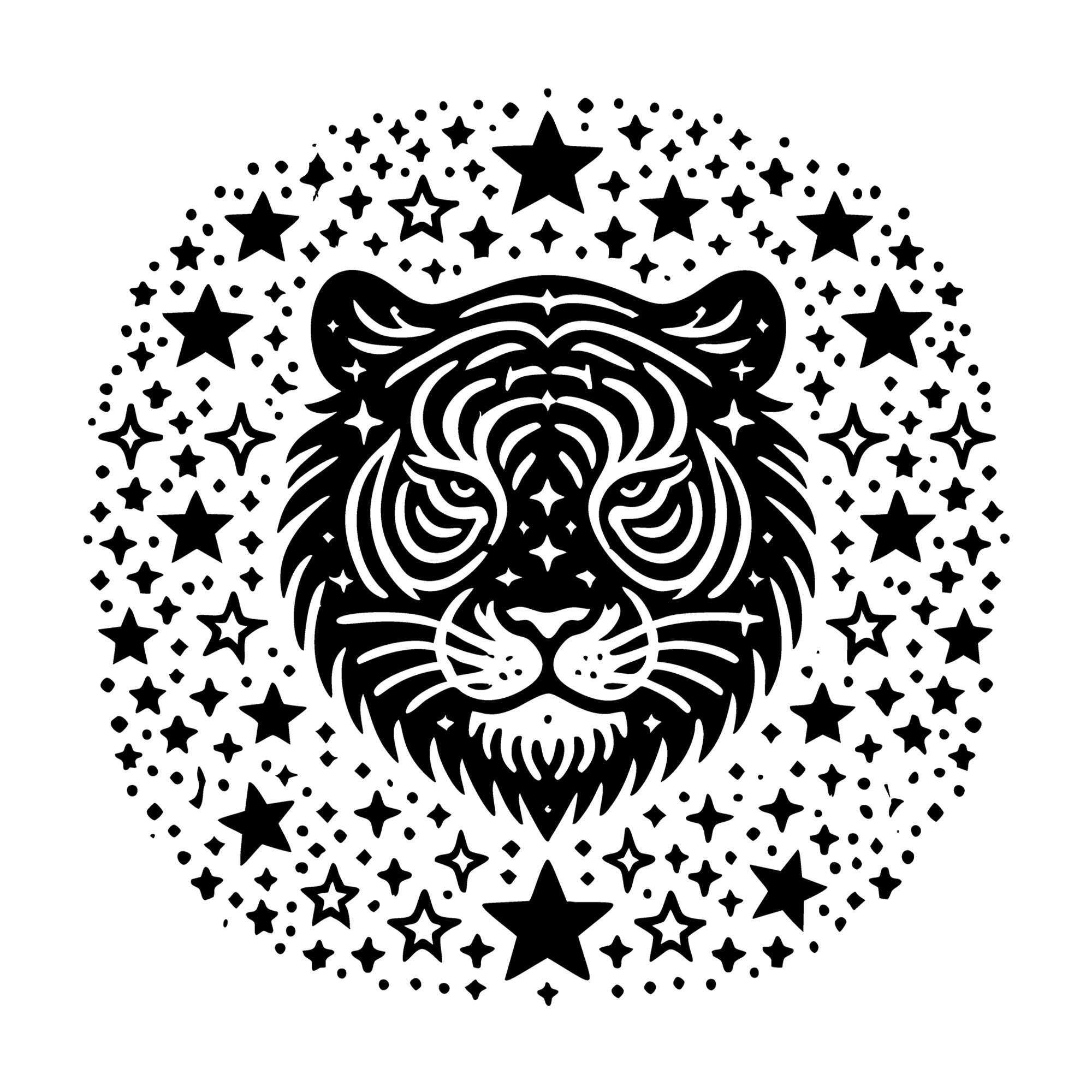 Tiger Surrounded by Celestial Stars SVG design for Cricut, Silhouette, laser cutting, vinyl, sublimation, and craft projects.