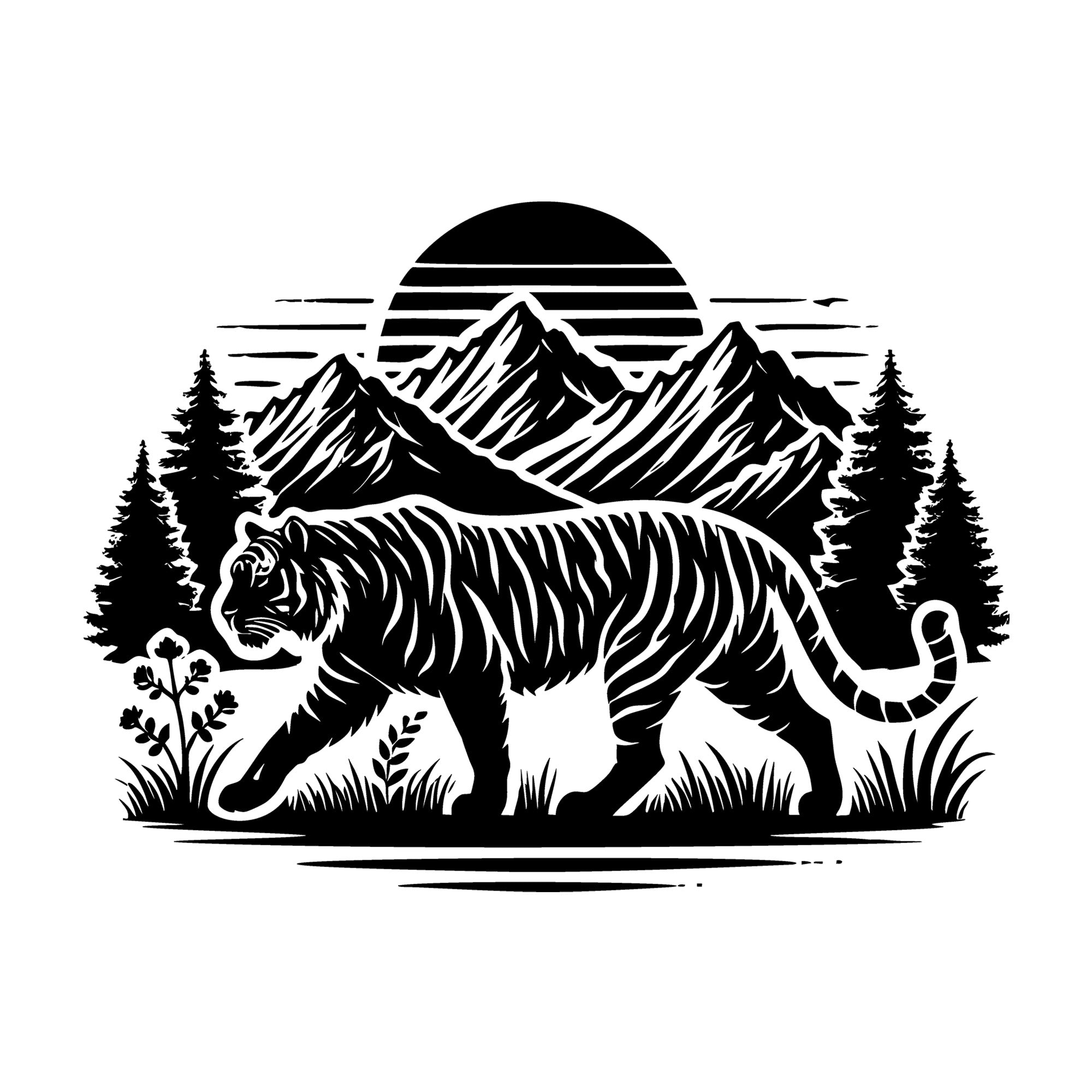Tiger Walking in Mountain Forest Silhouette SVG design for Cricut, Silhouette, laser cutting, vinyl, sublimation, and craft projects.