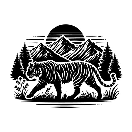 Tiger Walking in Mountain Forest Silhouette SVG design for Cricut, Silhouette, laser cutting, vinyl, sublimation, and craft projects.