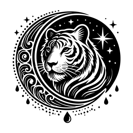 Tiger and Decorative Crescent Moon SVG design for Cricut, Silhouette, laser cutting, vinyl, sublimation, and craft projects.