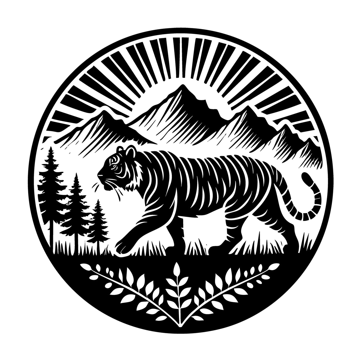 Tiger and Sunrise Mountain Scene Silhouette SVG design for Cricut, Silhouette, laser cutting, vinyl, sublimation, and craft projects.