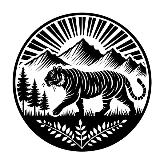 Tiger and Sunrise Mountain Scene Silhouette SVG design for Cricut, Silhouette, laser cutting, vinyl, sublimation, and craft projects.