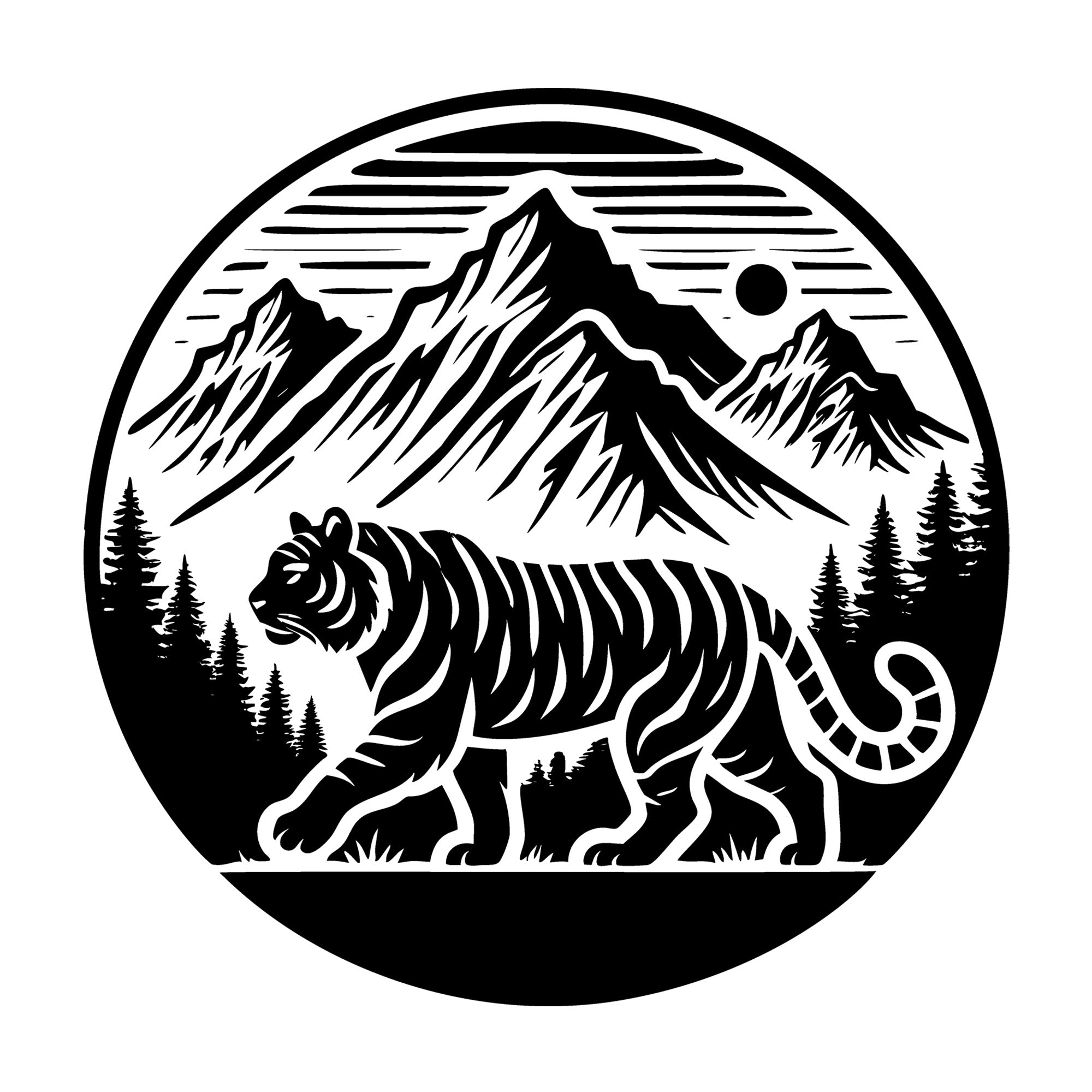Tiger in Circular Mountain Landscape Silhouette SVG design for Cricut, Silhouette, laser cutting, vinyl, sublimation, and craft projects.