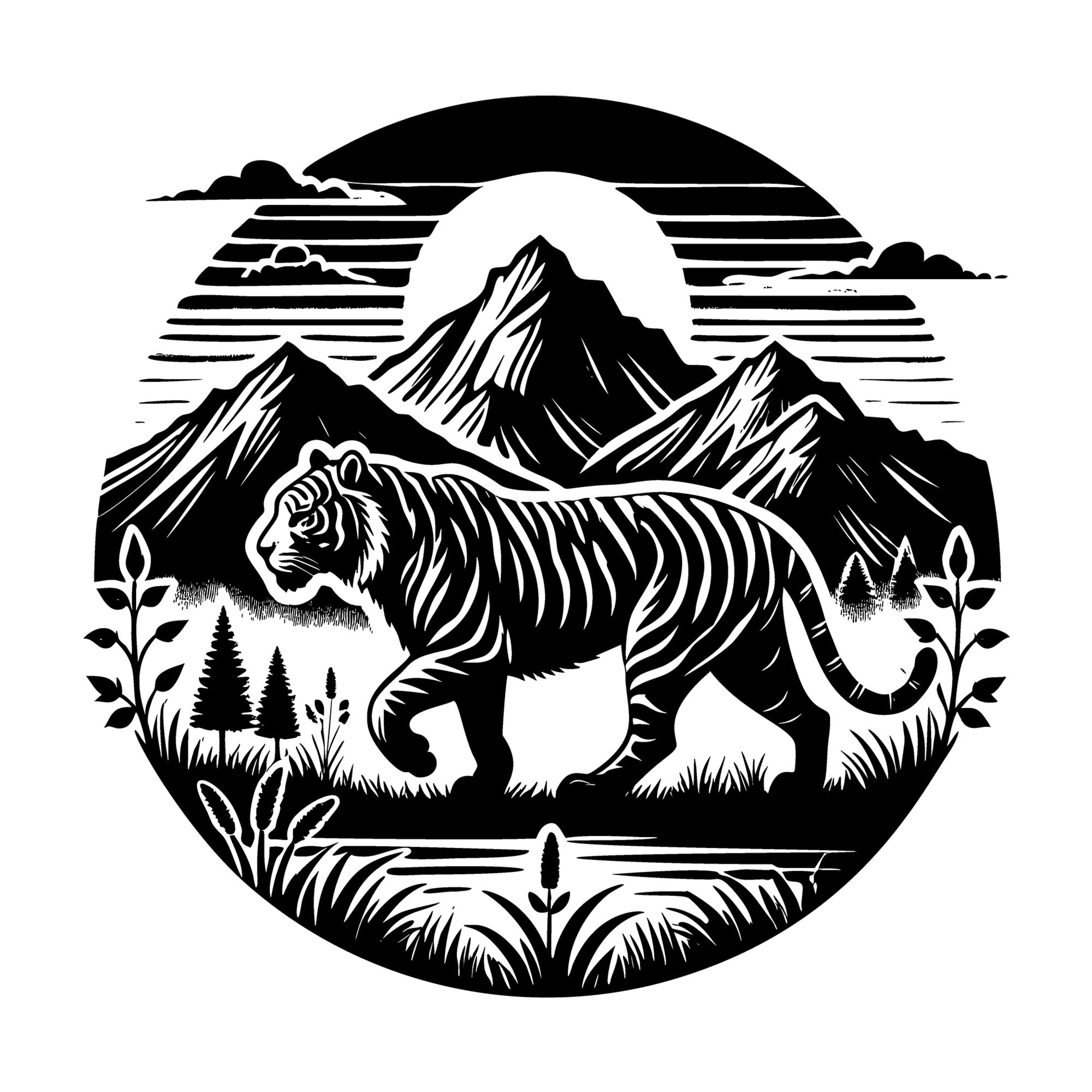 Tiger in Mountain Landscape Silhouette SVG design for Cricut, Silhouette, laser cutting, vinyl, sublimation, and craft projects.