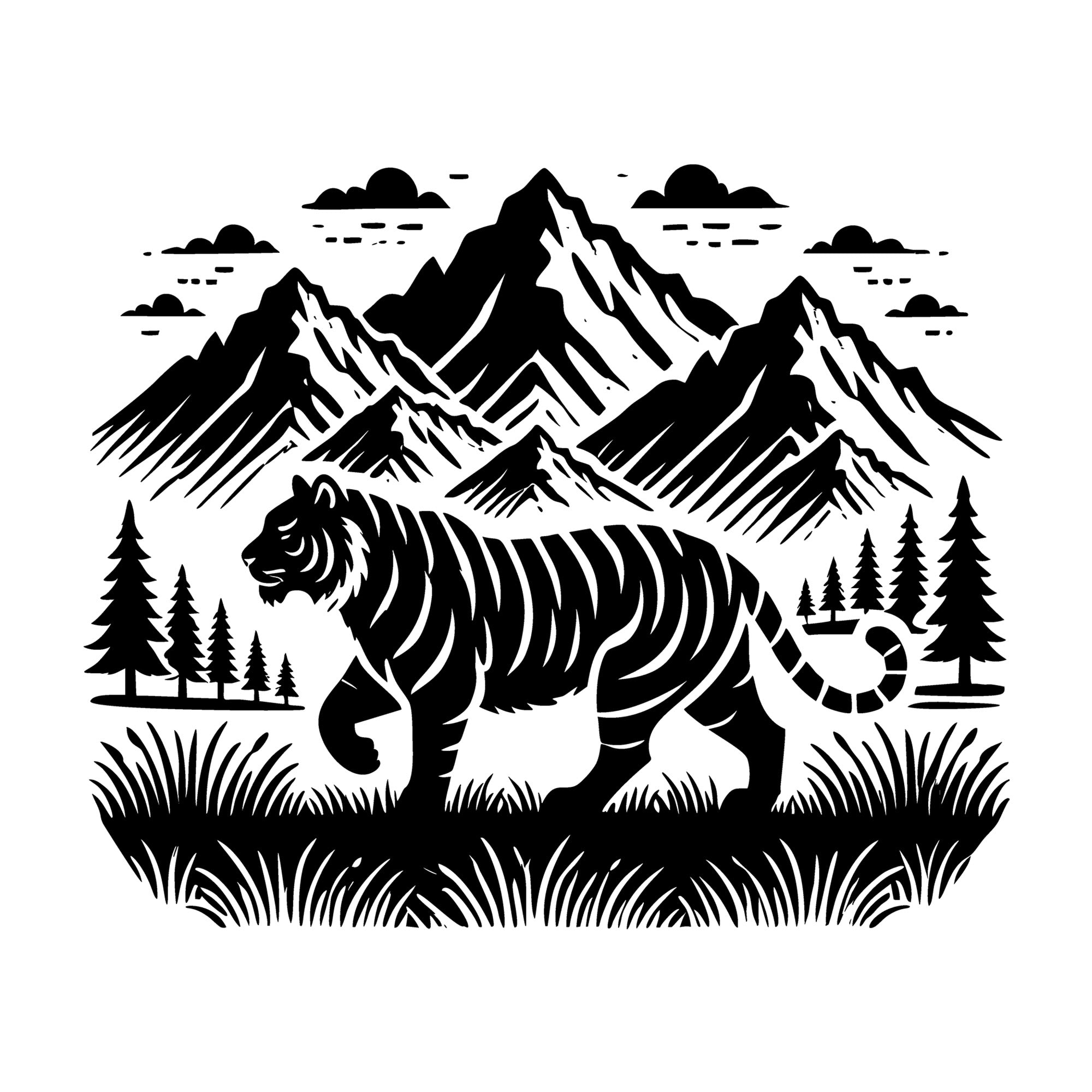Tiger in Scenic Mountain Field Silhouette SVG design for Cricut, Silhouette, laser cutting, vinyl, sublimation, and craft projects.