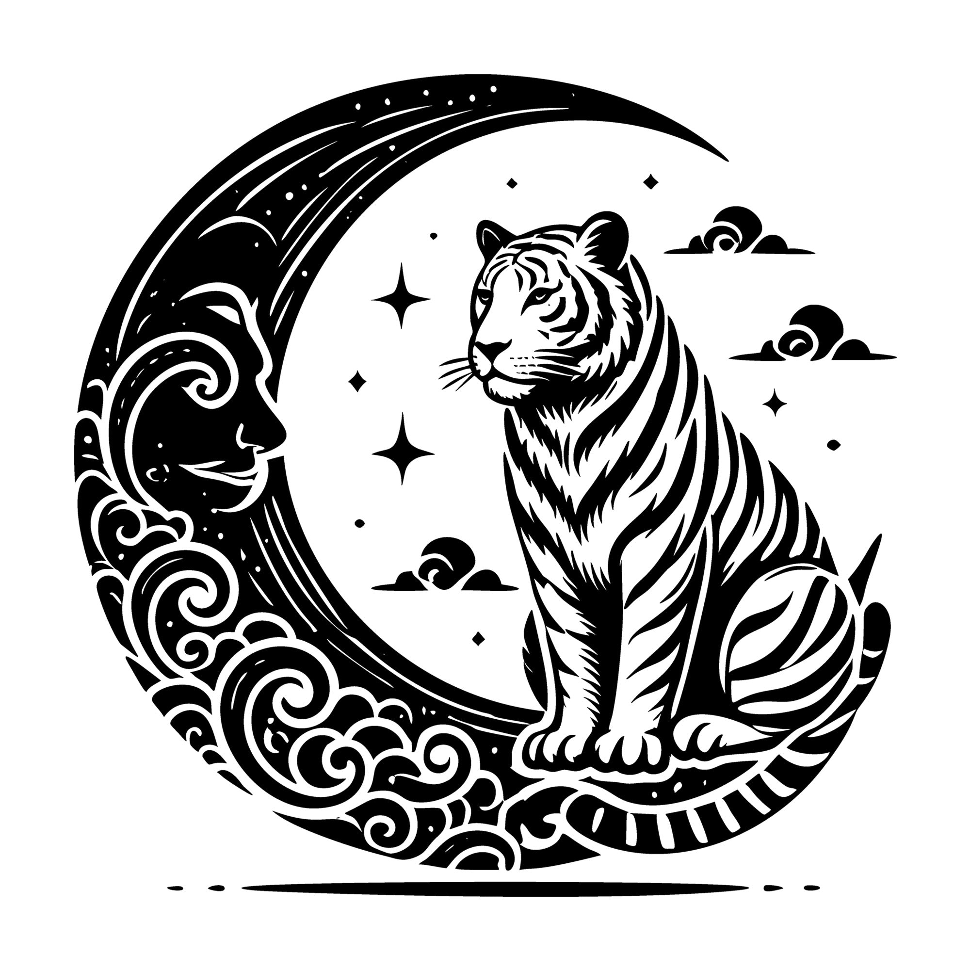 Tiger on Crescent Moon SVG design for Cricut, Silhouette, laser cutting, vinyl, sublimation, and craft projects.
