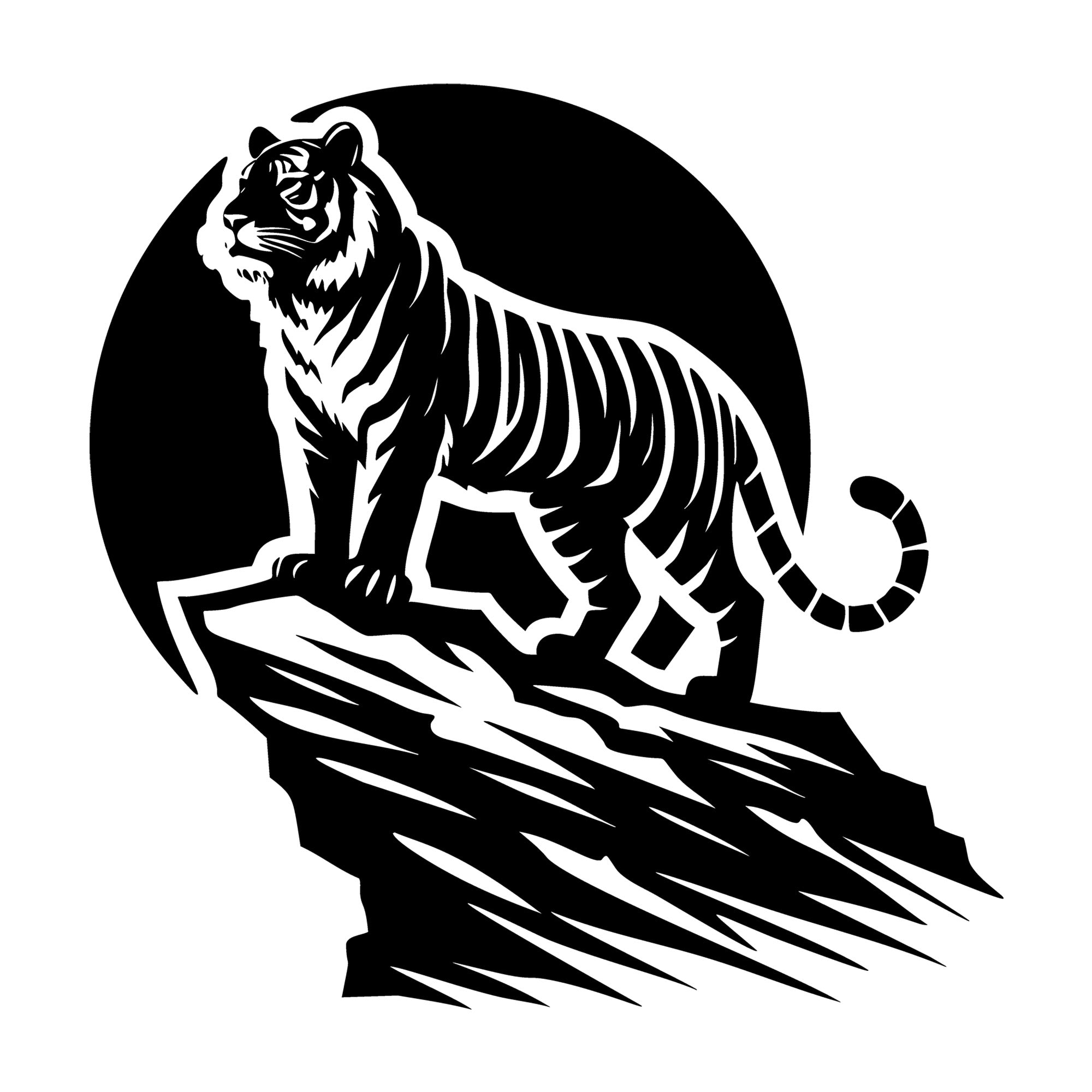Tiger on Rock with Moon Silhouette SVG design for Cricut, Silhouette, laser cutting, vinyl, sublimation, and craft projects.