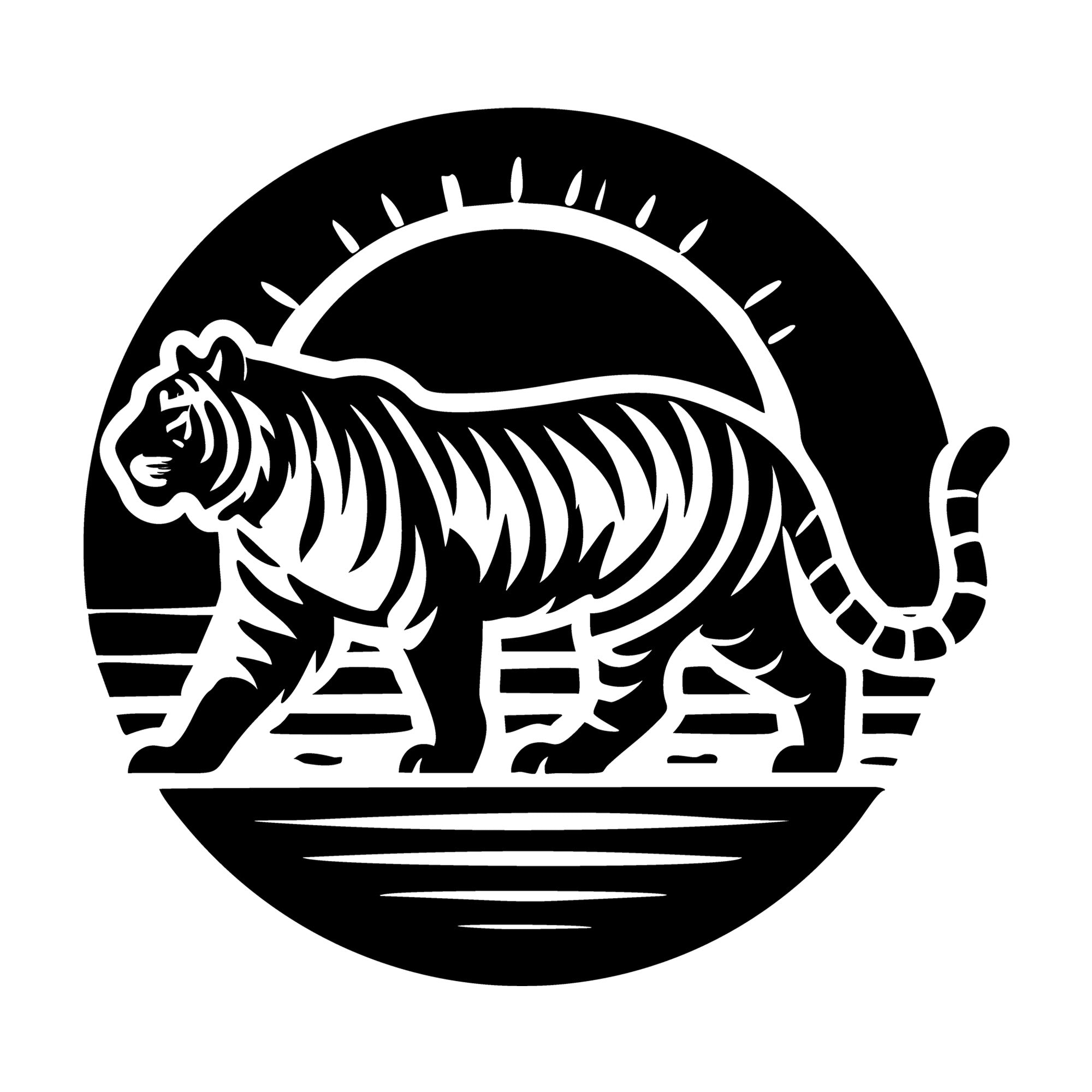 Tiger with Bold Sun Silhouette SVG design for Cricut, Silhouette, laser cutting, vinyl, sublimation, and craft projects.