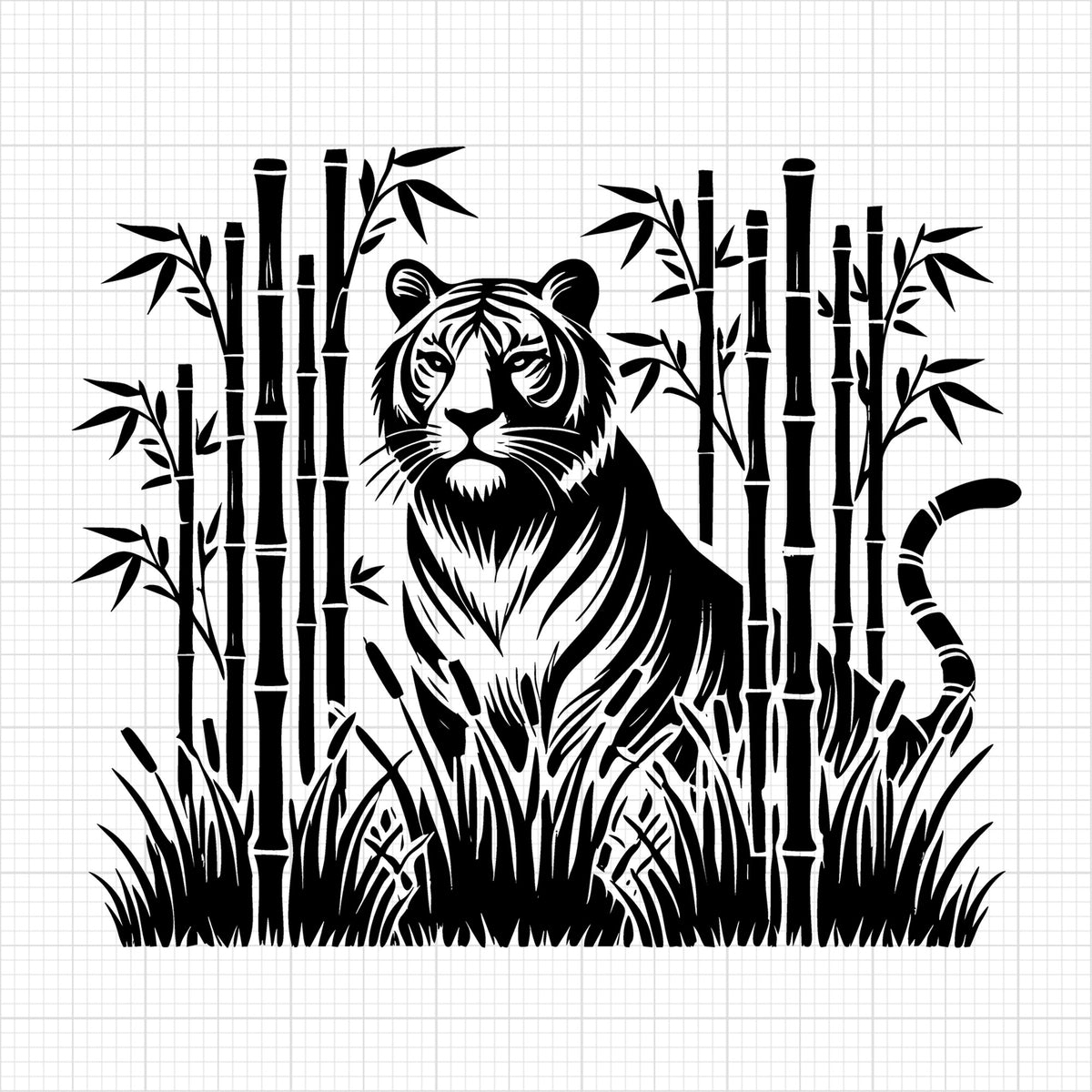 Tiger Among Bamboo in Grass Silhouette