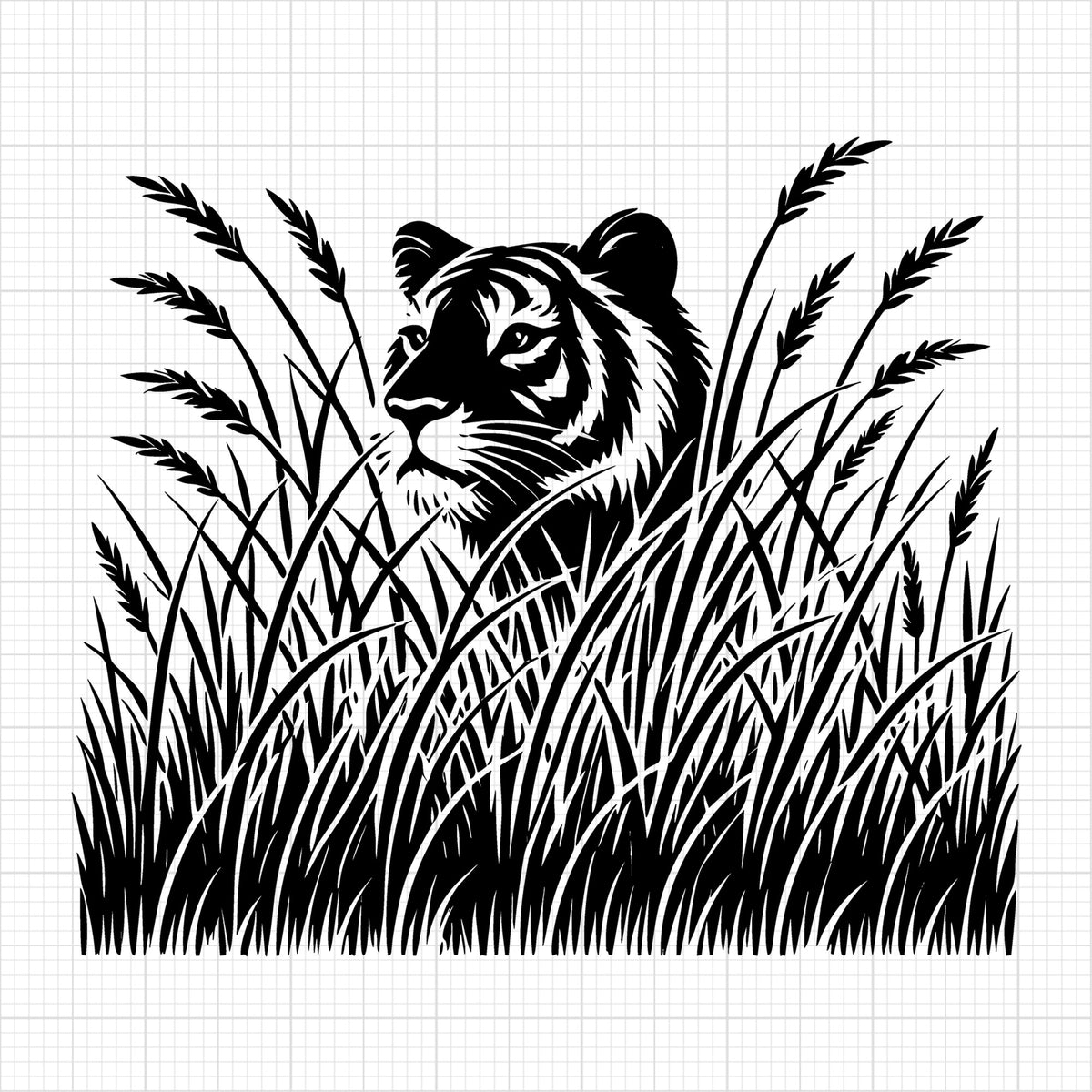 Tiger Peeking Through Grass Silhouette
