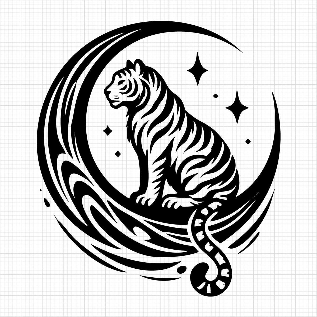 Tiger Sitting Below Crescent Moon Silhouette