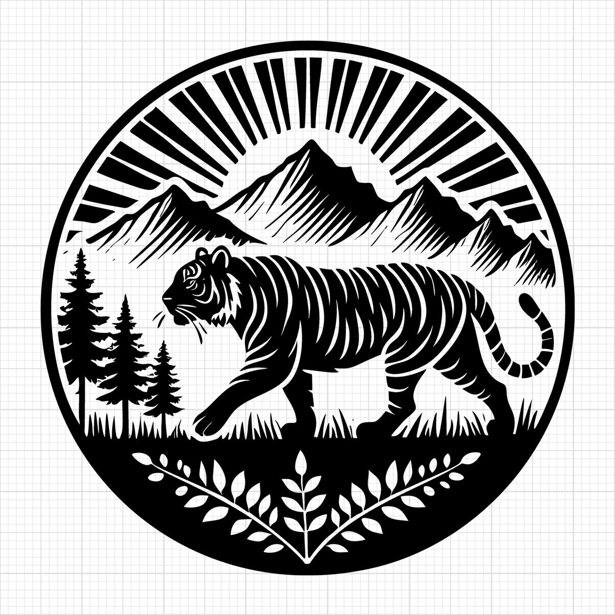Tiger and Sunrise Mountain Scene Silhouette