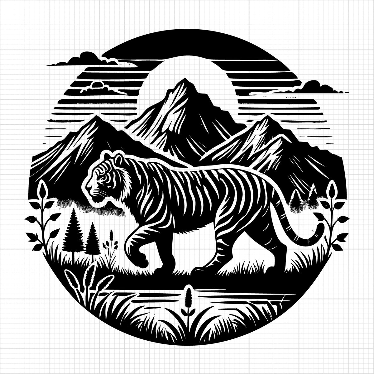 Tiger in Mountain Landscape Silhouette