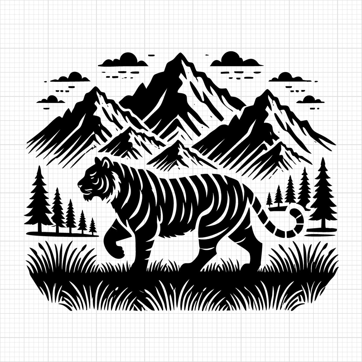 Tiger in Scenic Mountain Field Silhouette