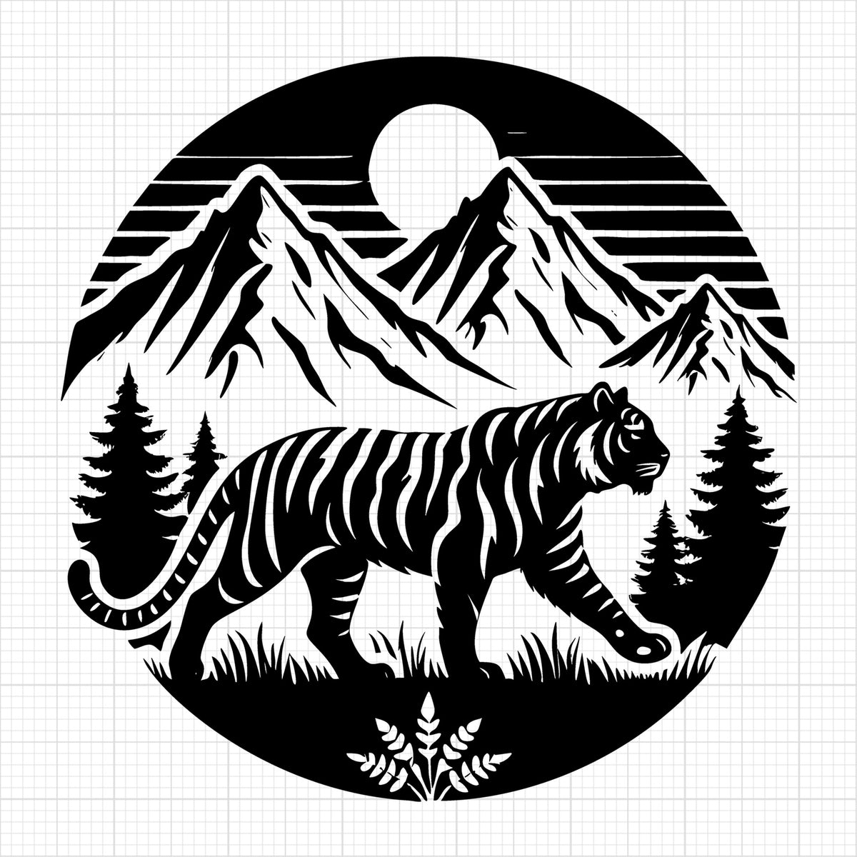 Tiger with Moonlit Mountain Silhouette