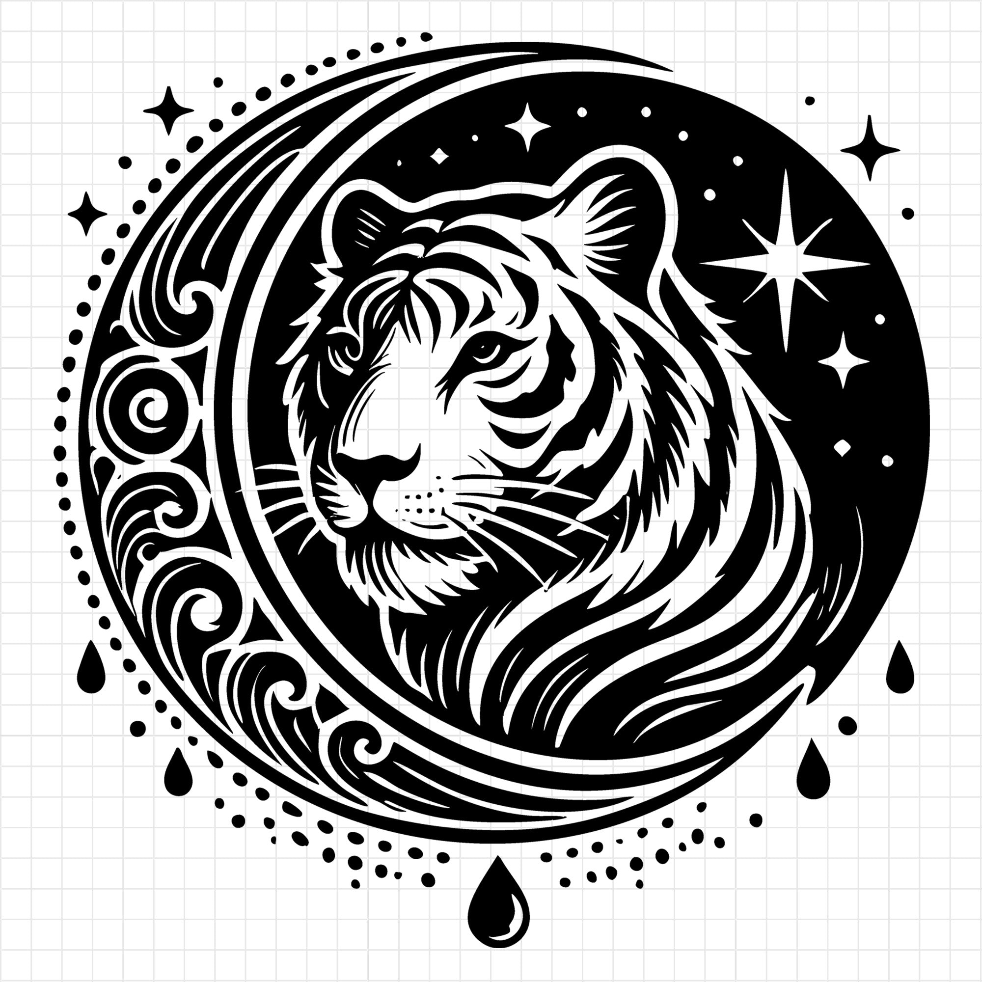 Tiger and Decorative Crescent Moon SVG