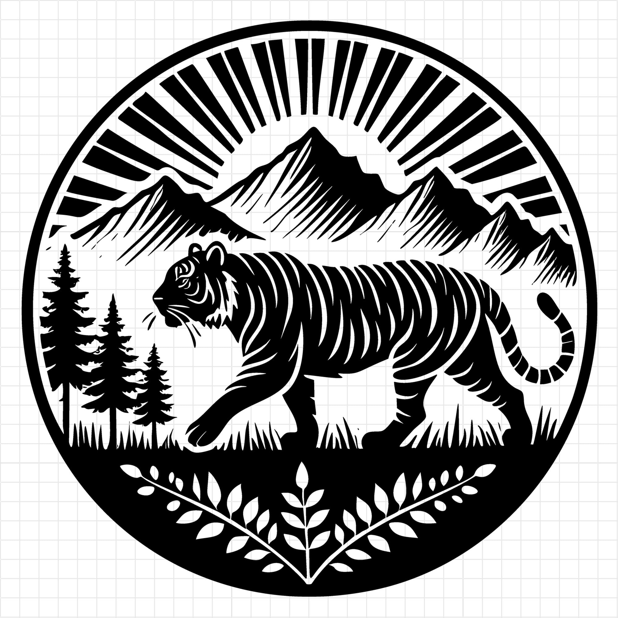 Tiger and Sunrise Mountain Scene Silhouette SVG