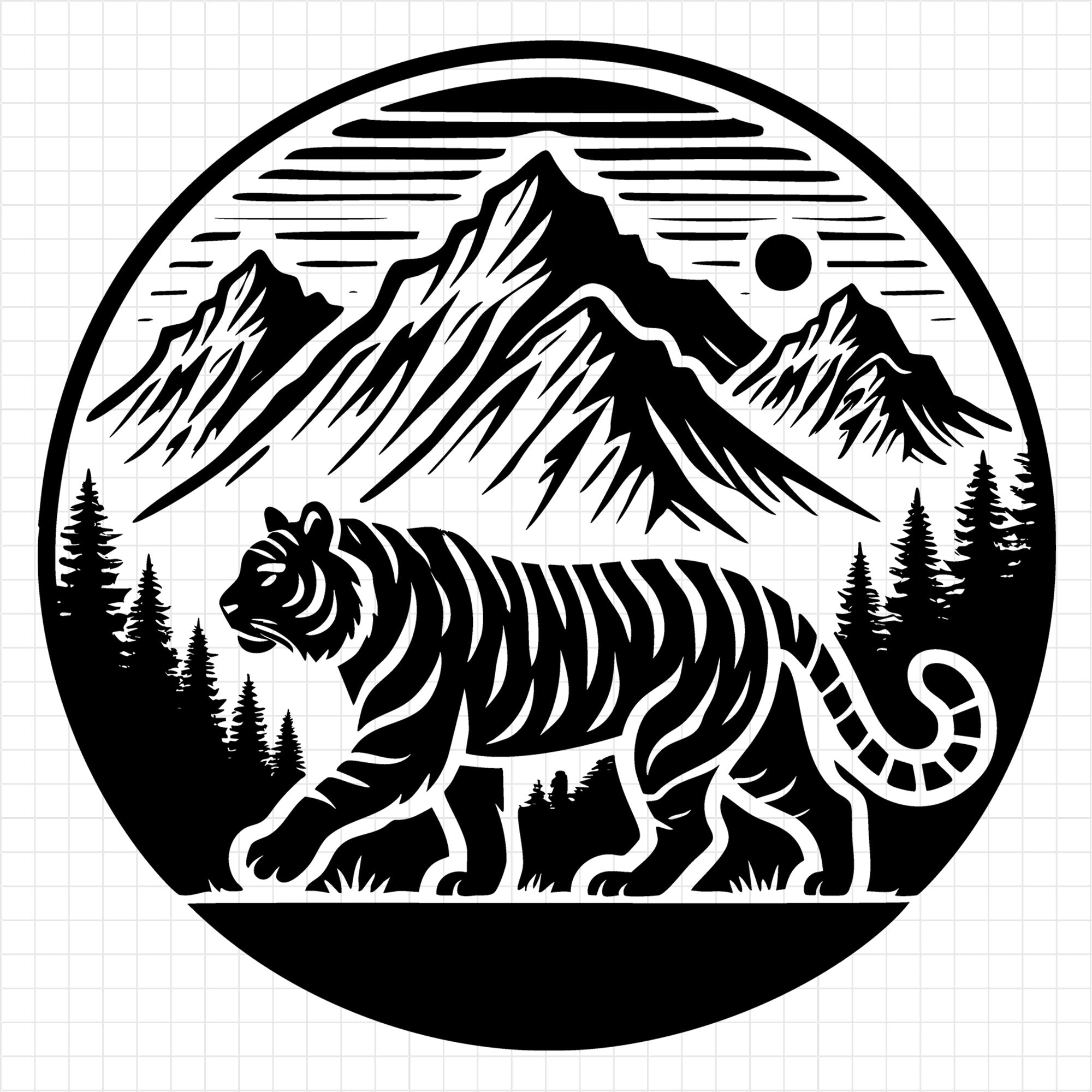 Tiger in Circular Mountain Landscape Silhouette SVG