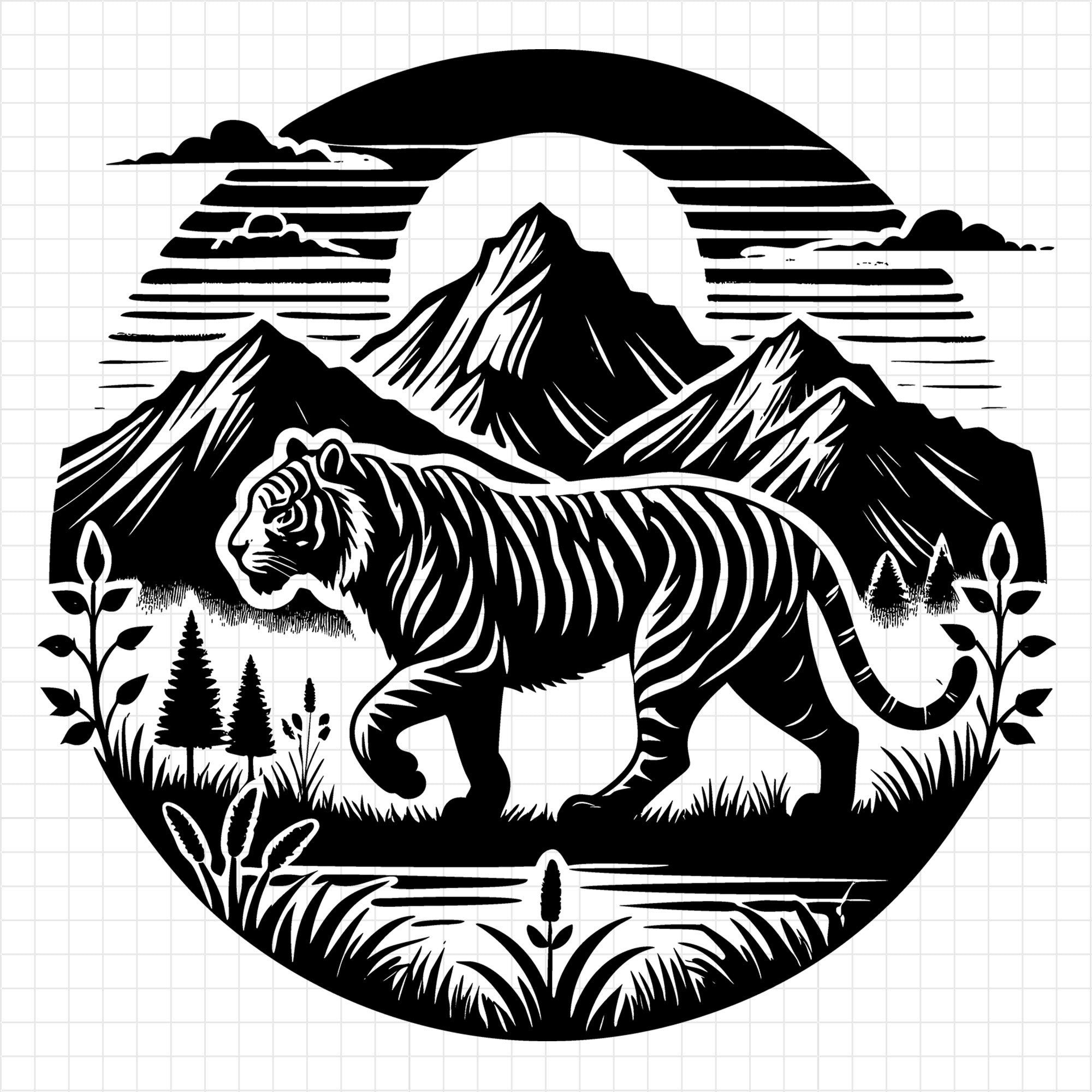 Tiger in Mountain Landscape Silhouette SVG