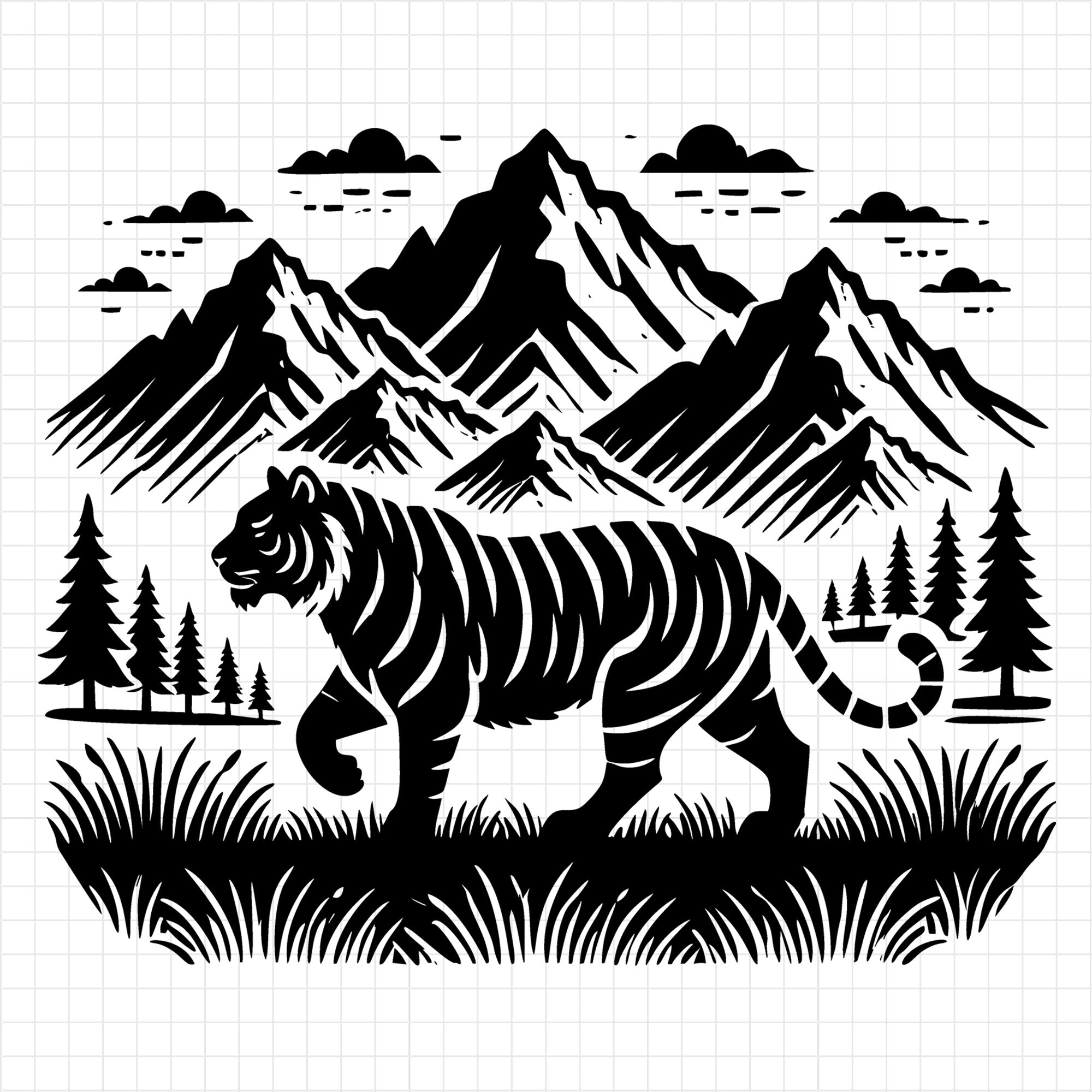 Tiger in Scenic Mountain Field Silhouette SVG