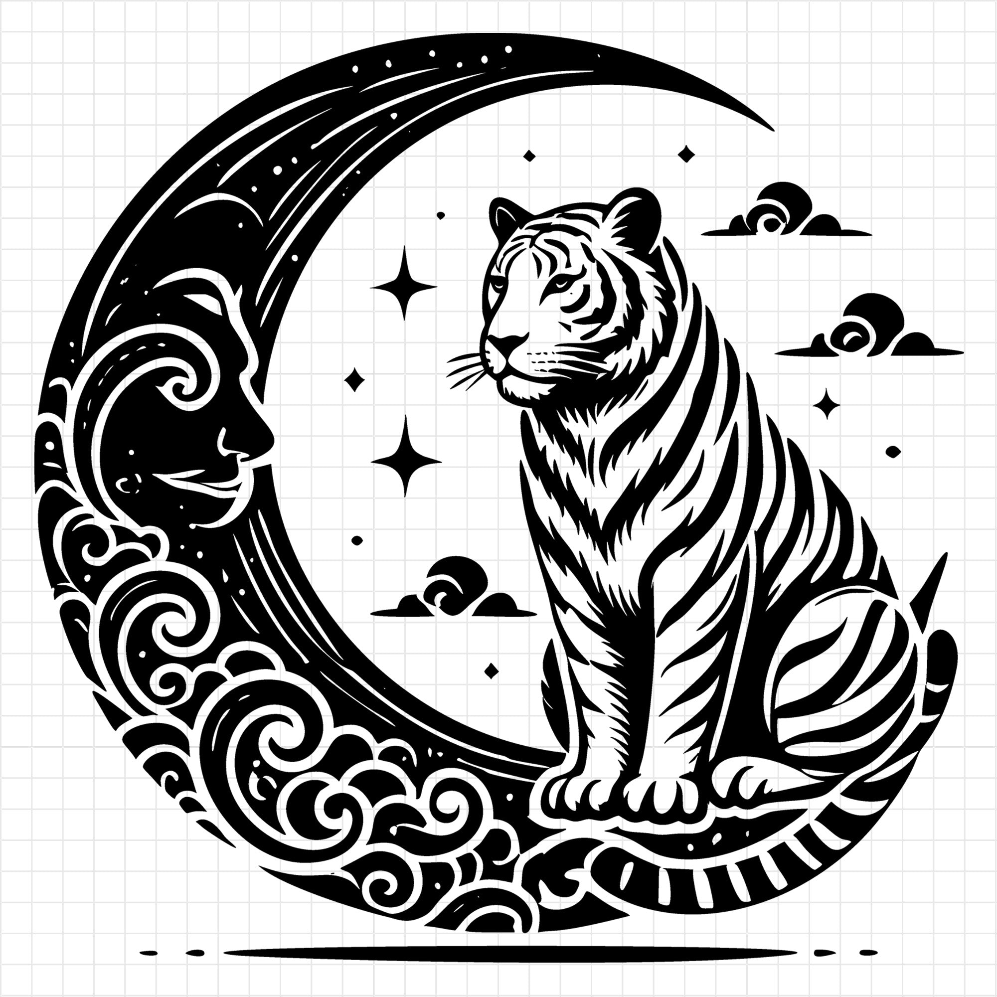 Tiger on Crescent Moon SVG