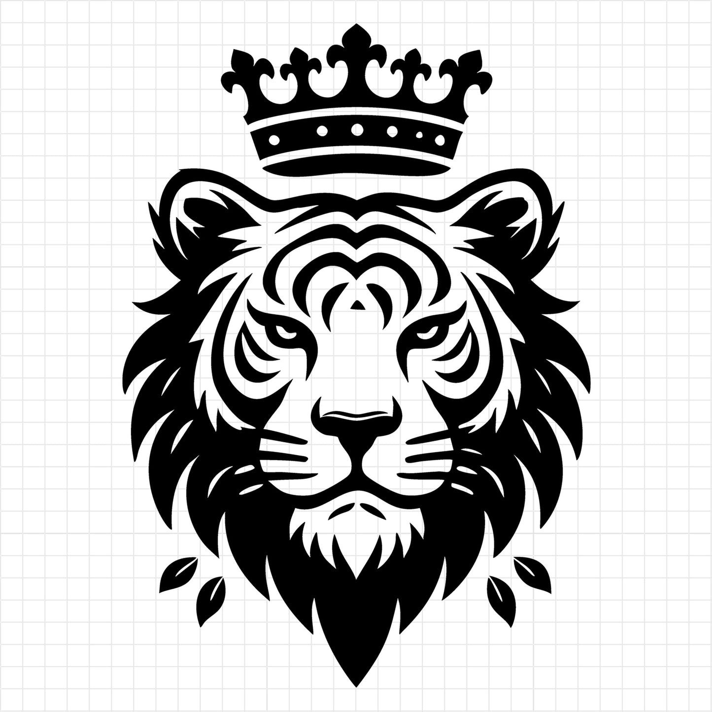 A black and white silhouette of a tiger with a crown and ornamental frame on a graphic design background svg