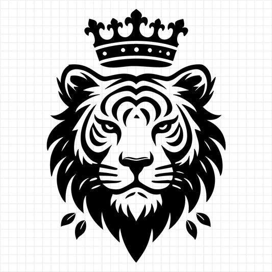 A black and white silhouette of a tiger with a crown and ornamental frame on a graphic design background svg
