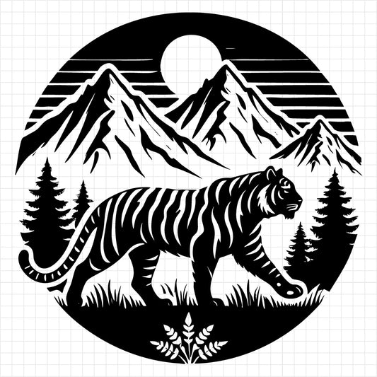 A black and white illustration of a tiger with a mountain and moon in the background SVG